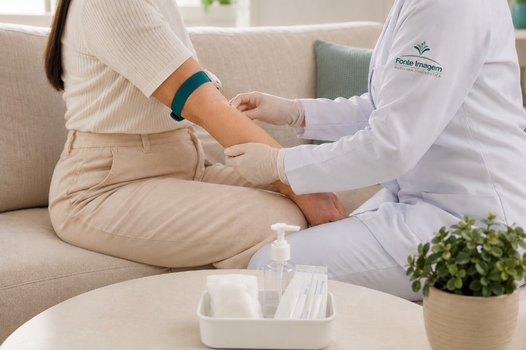 Profissional da Fonte Imagem, de jaleco e luvas, realizando coleta de sangue no braço da paciente sentada no sofá de casa